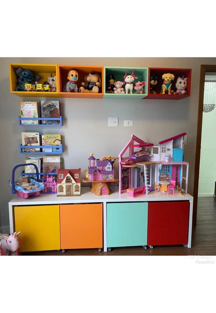 Kit Quarto Infantil – Mesa de Estudos, Caixas de Brinquedos, Nichos e Prateleiras