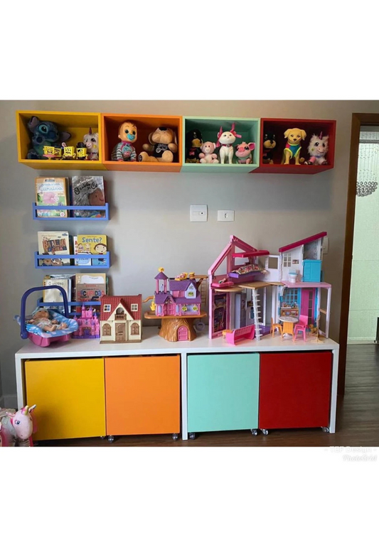 Kit Quarto Infantil – Mesa de Estudos, Caixas de Brinquedos, Nichos e Prateleiras