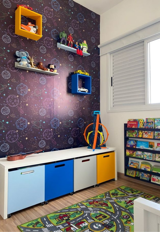 Kit Quarto Infantil – Mesa de Estudos, Caixas de Brinquedos, Nichos e Prateleiras